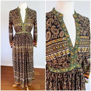Vintage 70s Paisley Maxi Dress‎ Peasant Lanzillotti // Size Large